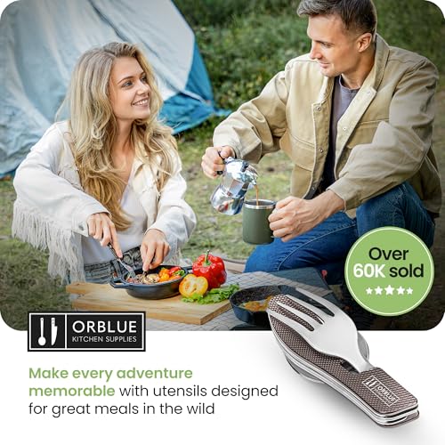 Orblue 4-in-1 Camping Utensils, 2-Pack - Portable Stainless Steel Spoon, Fork, Knife & Bottle Opener Combo Set - Travel, Backpacking Cutlery Multitool, Gray - color: 2-PACK Modern Gray