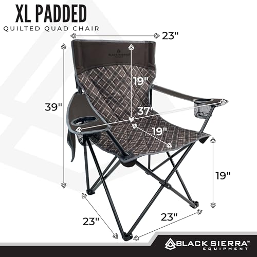 Black Sierra Quilted Padded Camping Chair, Oversized Heavy Duty Outdoor Lounge Seat Supports 300 lbs, Portable, Folding with Cup Holder for Beach, Tailgating, Sports, Patio - color: Brown Plaid