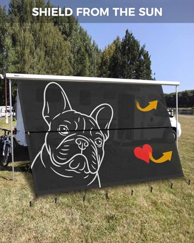 RV Awning Sun Shade Screen 9'X13.3' French Bulldog Mesh Sunscreen Cute Dog Love Heart Awning Shade Screen with Zipper UV Blocker Completed Kits Universal Outdoor Canopy for RV Motorhome Camper Trailer - size: 9x13.3 ft