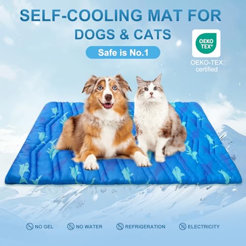 BEAUTYZOO Dog Cooling Mat- Upgraded Thicken Cooling Mat for Large Dogs Reversible(Cool & Warm) Pet Ice Cool Bed Washable & Portable, Summer Crate Pad for Big Dog Puppy Up to 100 lbs,Shark Blue 59X40IN - color: Shark Blue, size: 59.0"L x 40.0"W x 1.0"Th(XL