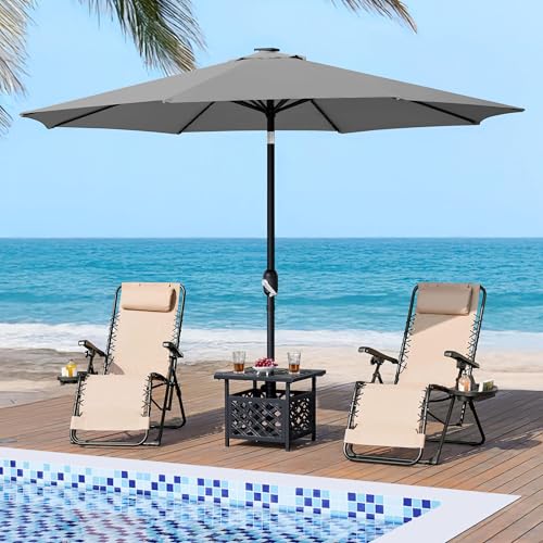 Yaheetech 11FT Solar Powered Umbrella Outdoor Patio Umbrella with 32 LED Lights and 8 Ribs - UV Protection Table Sunshade for Pool, Deck, Yard, Gray - color: Gray, size: 11FT