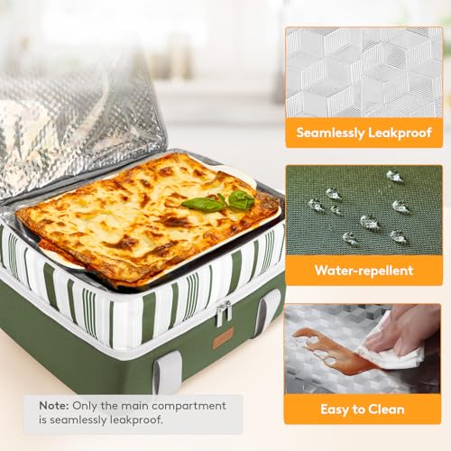 LUNCIA Insulated Double Decker Casserole Carrier, Lasagna Lugger Tote Keeps Food Hot or Cold, Thermal Lunch Bag for Potluck Parties, Picnic and Cookouts, Fits 9" x 13" Baking Dish, Dark Green - color: Dark Green, size: 15.7 X 11.4 X 8.3inch