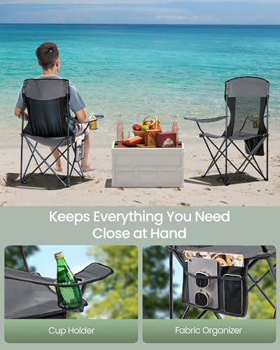 SONGMICS Breathable Camping Chairs, Foldable Outdoor Chairs Set of 2, High Back, Adjustable Armrests, Drink Holder, Weight Capacity 330 lb, for Sports Garden Backyard, Slate Gray UGCB028G01 - color: Grey, style: 2PC (20.3"D x 34"W x 38.2"H)