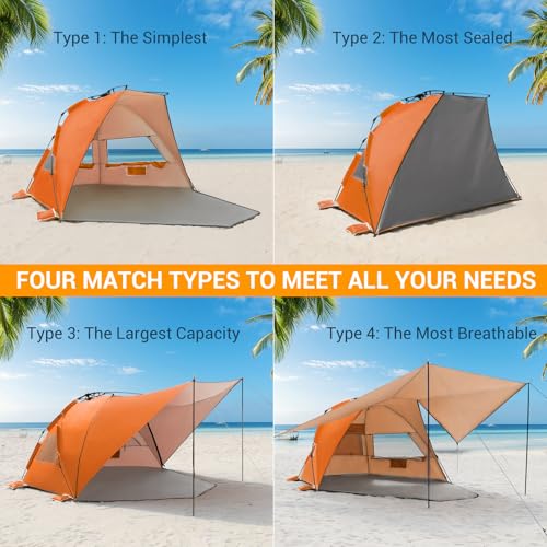 Elegear CumbreX™ Beach Tent with 360° Removable Canopy, 4-6 Person Pop Up Sun Shade Shelter, UPF 50+ Automated Installation Double Silver Coating Portable Lightweight Beach Cabana for Outdoor Orange - color: Orange