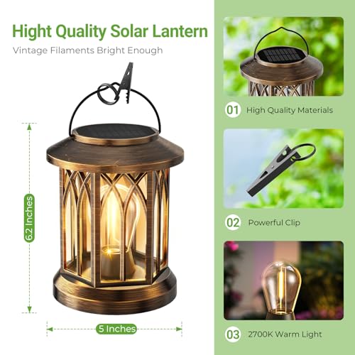 WdtPro Solar Lanterns Outdoor Lights, 2 Pack Bright Lanterns Outdoor Waterproof with Clip Patio Decor, Hanging Solar Lights for Outside Garden Yard Front Porch Table Decoration (Antique Copper) - size: 2 PACK, style: Classic Antique Copper