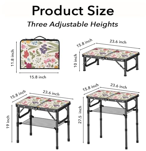 YihuiKo Small Camping Table, Vintage French Flowers Pattern Folding Table, Adjustable Height, Lightweight & Portable Outdoor Picnic Table with Carry Handle for Patio, Living Room, Travel - size: 16"D x 24"W x 27.5"H, style: Delightful Garden