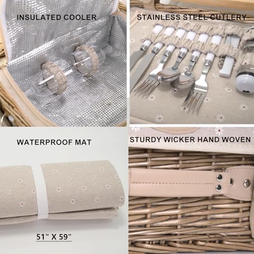 Multifunctional Wicker Picnic Basket Set for 2 with Blanket and Picnic Table, Insulated Picnic Set with Full Tablewares for Camping Outdoor Couples, Flowers - color: Flowers With Blanket &Table for 2