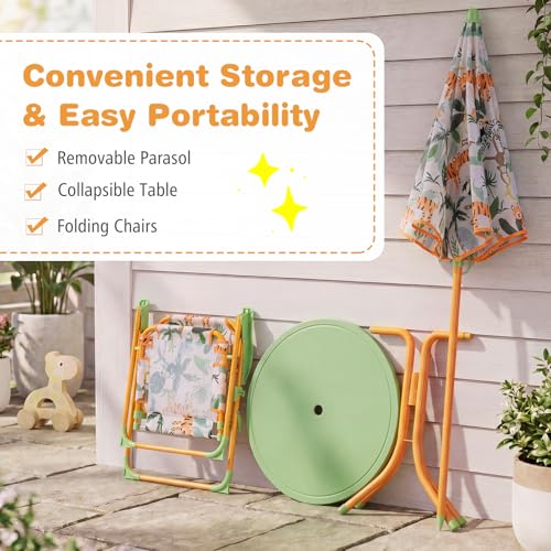 KOTEK Kids Picnic Table with Umbrella, Outdoor Table & 2 Folding Chairs, Cute Pattern Children’s Patio Furniture, Portable Kids Table and Chair Set for Backyard, Garden, Beach (Yellow Tiger) - color: Yellow Tiger
