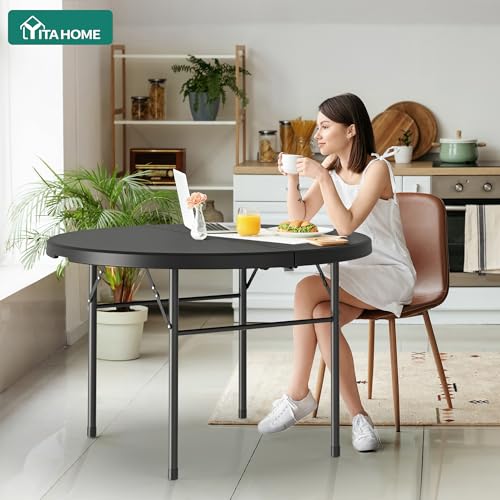 YITAHOME 48 Inch Round Folding Table for Outdoor/Indoor, Heavy Duty Folding Plastic Table w/Thick Table Top and Sturdy Metal Frame, Ideal for Party Picnic Camping BBQ Events, Black - color: Black