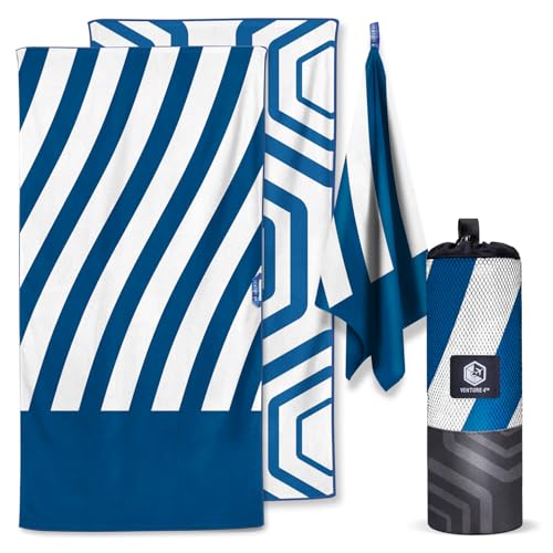 VENTURE 4TH Microfiber Beach Towel: Quick-Dry, Compact, Sand-Free, Absorbent, Sandproof and Lightweight - Perfect for Camping, Beach, and Roadtrips (Dark Blue Stripes Design | 35x78 inches) - color: Dark Blue, size: Extra Large (78" x 35")