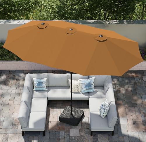 PHI VILLA 15ft Large Patio Umbrellas with Base, Outdoor Double-Sided Rectangle Market Umbrella for Pool Lawn Garden, Tawny - color: Tawny