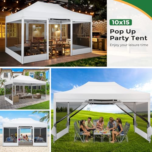 COBIZI 10x15 Heavy Duty Pop Up Canopy with 4 Sidewalls, Commercial Gazebo Party Tent with Mosquito Netting Wall Easy Set Up Outdoor Instant Screen Tent for Backyard, Patio, Garden, White - color: White, size: 10x15FT