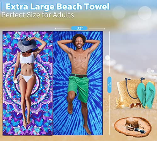 2 Pack Lightweight Thin Beach Towel Oversized 71"x32" Big Extra Large Microfiber Sand Free Towels for Adult Quick Dry Travel Camping Beach Accessories Vacation Essential Gift Tie Dye Purple Mandala - color: 2 Pack Tie Dye Mandala