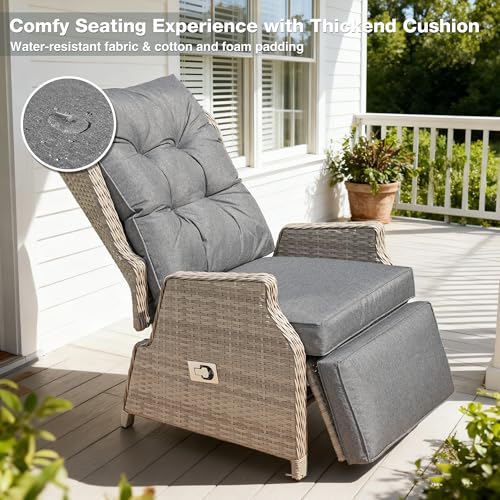 Outdoor Recliner with Adjustable Back and Footrest, Patio 150 Lay Flat Recliner with Flip Table Wicker Reclining Lounge Chair, Grey with Beige Wicker 2PCS - color: Grey With Beige Wicker, size: 2PCS