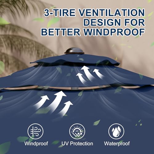 10FT 3-Tier Aluminum Outdoor Patio Umbrella, Fade-Resistant Market Umbrella with Push Button Tilt Function, 8 Sturdy All-Aluminum Ribs for Gardens, Patios, Backyards & Pools - color: Navy Blue, size: 10FT-3Tier (Aluminum Umbrella)