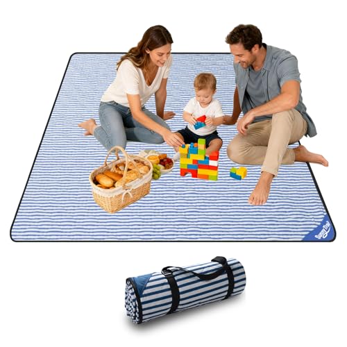 Large Waterproof Picnic Blanket 80"x80" – Extra Large Outdoor Mat for Beach, Park, Grass, Lawn, Camping, Sandproof & Portable, Foldable Rug, Wedding Registry Gift for Family & Travel - color: Chatham Blue Pinstripe