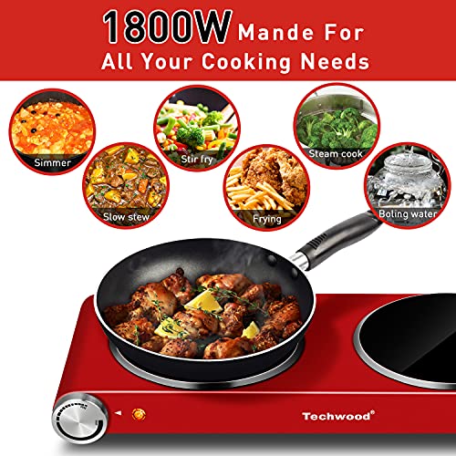 Hot Plate, Techwood 1800W Dual Electric Stoves, Countertop Stove Double Burner for Cooking, Infrared Ceramic Hot Plates Double Cooktop, Red, Brushed Stainless Steel Easy To Clean Upgraded Version, Red - color: Red, size: Red Double Burner