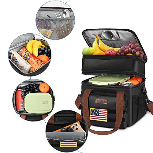 Tactical Lunch Box for Men- Large Insulated Lunch Bag-Expandable Adult Lunch Box with Adjustable Shoulder Strap-Large Lunch Tote Bag for Work Camping Fishing (Black-Leather) - color: Deep Black