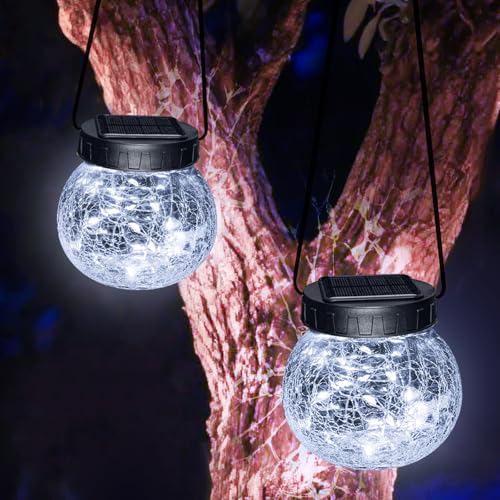 Kolpop Solar Lanterns Outdoor Waterproof 2 Pack, Hanging Solar Lights with 30 LED, Cracked Glass Hanging Globes for Garden Patio Fence Yard Christmas Tree Decoration, Cold White - color: Cold White, size: 2 Pack