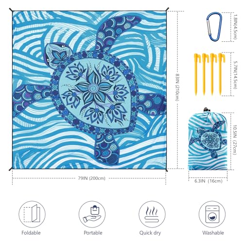 WIWIGO Beach Blanket Waterproof Sandproof Beach Mat 79" X 83"/10'x9'for 2-8 Adults Quick Drying Outdoor Picnic Mat Beach Accessories for Travel, Camping, Hiking - color: Blue Sea Turtle - Line Base, size: 79" X 83"（1-4person）