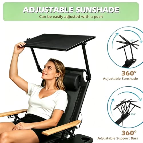 Folding Lounge Chair with Canopy, Tanning Chair with 4-Position Reclining Back, Folding Sun Lounger, Outdoor Lounge Chair for Beach, Poolside, Backyard, Camping, UPF 50+ Sun Shade, 300 LBS - color: Black With Sun Protection