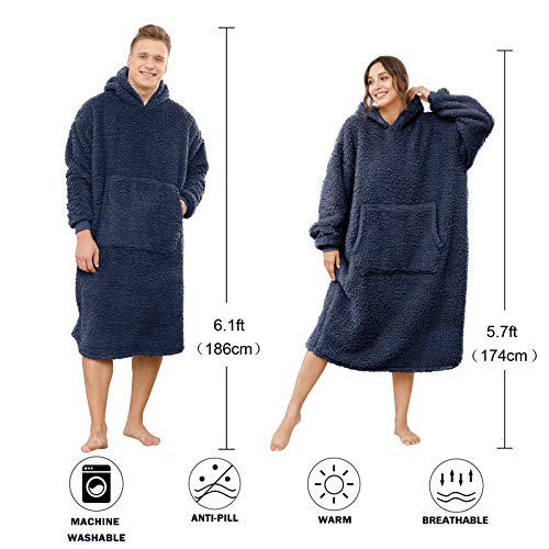 Sherpa Wearable Blanket Oversized Hoodie Sweatshirt TV Blanket with Long Sleeves and Pocket-Navy - color: Navy