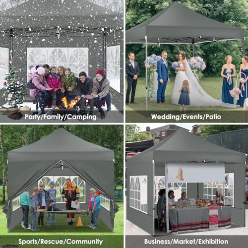 COBIZI 10x10 Heavy Duty Pop Up Canopy Tent with 4 Sidewalls Thicken Frame, Commercial Easy Up Outdoor Wedding Party Tents, All Season Waterproof Windproof with Stakes Sandbags Ropes Roller Bag, Gray - color: Gray, size: 10x10