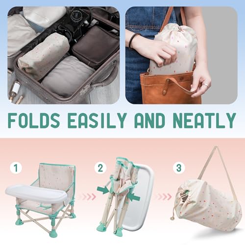 Tiny Marvels 3-in-1 Portable Baby Chair, Foldable Booster Seat with Removable Tray, Safety Harness & Carry Bag for Dining, Travel, Camping, Beach, 6M-3Y (Cream Confetti) - color: Cream Confetti