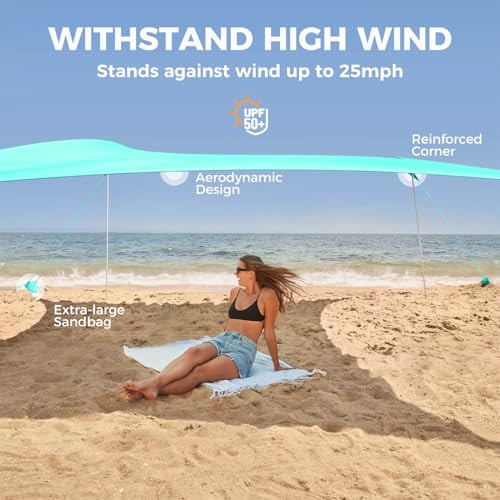 WEKAPO Beach Tent Sun Shelter - Easy Setup Beach Canopy with 4 Sturdy Poles, Large Sandbags and Shovel, 7'1'' Tall, Windproof Sun Shade for Backyard and Camping, UPF 50+ Protection - color: Turquoise, size: 9x10 FT 4 Pole