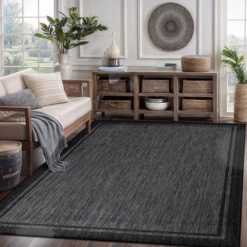 CAMILSON Indoor Outdoor Rug, 5x7 Bordered Dark Grey Black Modern Area Rugs for Indoor and Outdoor Patios, Kitchen and Hallway Mats, Washable Porch Deck Outside Carpet (Bordered Black, 5 x 7) - color: Bordered Black, size: 5' x 7' (Rectangular)