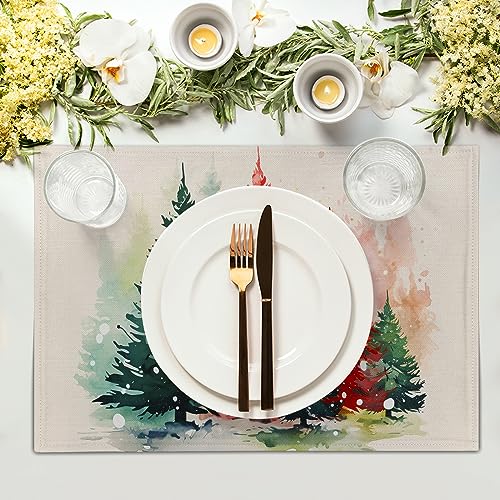Christmas Tree Placemats Set of 4 for Dining Table, Colorful Xmas Pine Trees Snowflake Washable Non-Slip Heat Resistant Linen Fabric Place Mats 12x18 in Party Decor Winter Holiday - color: Xmas Tree
