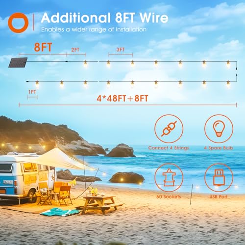 addlon 200FT(192+8) Solar String Lights Outdoor Waterproof with 6W Panel USB & Remote Control Patio Lights Long Last for 20+Hrs Dimmable Solar Power LED Bulbs for Porch Garden Market Bistro Backyard - size: 192+8FT(60 Sockets)