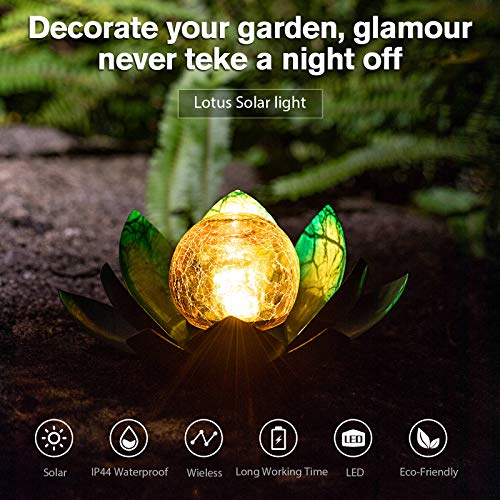 AIINY Solar Light Outdoor(2Pack), Art Crackle Globe Glass Lotus Decoration, Solar LED Waterproof Blue Metal Flower Lights for Patio,Lawn,Walkway,Tabletop - color: Blue