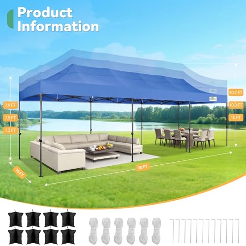 COBIZI 10x30 Heavy Duty Pop Up Canopy Tent with 8 Sidewalls Thicken Frame, Commercial Easy Up Outdoor Wedding Party Tents, All Season Waterproof Windproof with Stakes Sandbags Ropes Roller Bag, Blue - color: Blue, size: 10x30