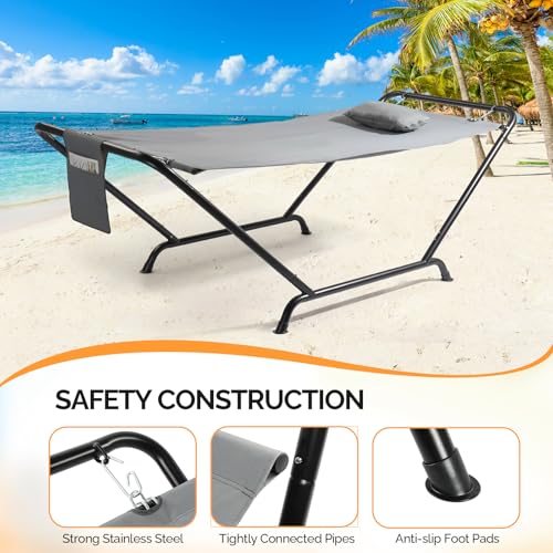 ONCLOUD Freestanding Hammock with Stand, 600LBS Heavy Duty Outdoor Hammock, Cofy Outdoor Hammock with Stand, Hammock Bed for Yard, Deck, Patio, Hammock with Soft Pillow & Storage Bag (Grey) - color: Grey