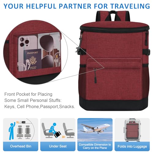 Tenot Cooler Backpack 33/40 Cans Backpack Coolers Insulated Leak Proof Soft Beach Cooler Bag for Men Women Ice Chest Backpack Camping Hiking Picnic Travel Cooler Lunch Backpack - color: Dark Red, size: 33 Cans
