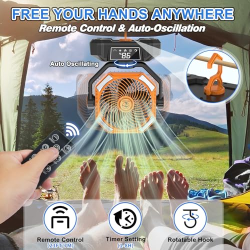 Multper 20000mAh Camping Fan, Up to 65H Long Runtime Battery Powered Fan with 5 Speeds, Oscillating Rechargeable Portable Fan with LED Lantern & Remote, Personal Tent Fan for Jobsite, Fishing, RV - size: 20000mah