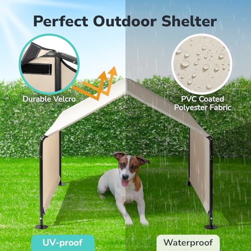 Dog Tent, 4'x4'x3' Dog Shade Shelter Outdoor Deep Grey Tent for Large Medium Dogs, Outside Sun Rain Canopy Pet House for Cats Pigs Livestock with Waterproof Roof Ground Nails,Creamy White