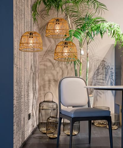 Outdoor Pendant Light Chandelier for Gazebo Battery Operated Boho Hanging Lamp Handmade Rattan Decorative Lights LED Lantern Bulb Powered by 4*AA Batteries for Porch Patio Backyard Decor