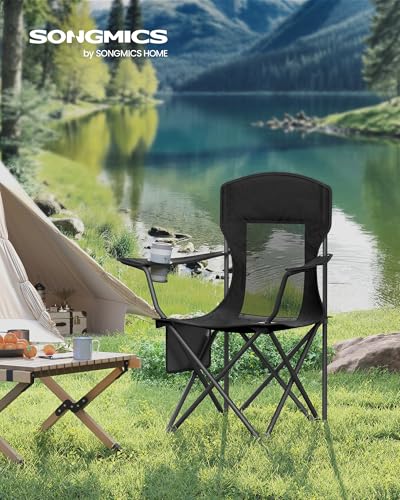 SONGMICS Breathable Camping Chairs, Foldable Outdoor Chairs Set of 2, High Back, Adjustable Armrests, Drink Holder, Weight Capacity 330 lb, for Sports Garden Backyard, Ink Black UGCB028B02 - color: Black, style: 2PC (20.3"D x 34"W x 38.2"H)