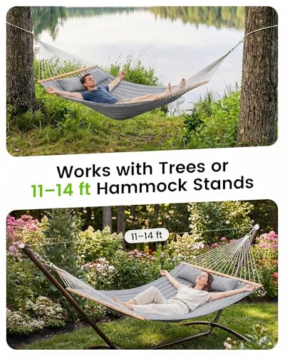 ANAGOO Double Quilted Outdoor Hammock for 2 Adults, 500lb Capacity Backyard & Camping Hammock with Pillow and Bamboo Spreader Bar, Fits 11–15ft Hammock Stands (Stand Not Included),Dark Gray - color: Dark Gray(without Stand)