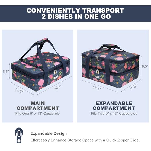 Double Decker Insulated Casserole Carrier, Expandable Thermal Food Warmer Bag Fits 9x13 Dish, Leak-Proof Potluck Lasagna Holder with Utensil Pocket for Picnic Party Cookout (Blue Floral) - color: Blue Floral