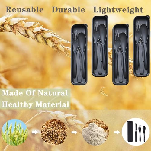 Reusable Travel Utensils Set with Case, 4 Sets Wheat Straw Portable Plastic Fork Spoons Knife Cutlery, Camping Eco-Friendly BPA Free Tableware for Kids Adults Work Picnic or Daily Use (Black) - color: Black