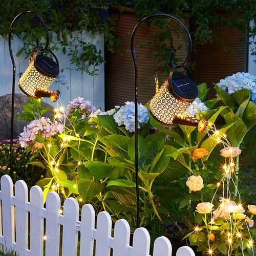 Solar Watering Can Lights, LED Solar Lantern String Light Outdoor Garden Waterproof Hollowed-Out Retro Metal Water Can Lights, for Garden Patio Yard Pathway Lantern Plant Decoration(with Bracket) - color: Copper coin flower