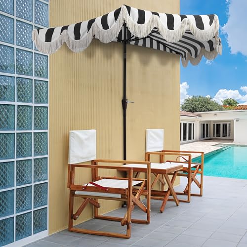 JONATHAN Y Half Umbrella UMB1201A Beverly 9 ft. Designer Classic Scalloped Fringe Market Patio with Crank, Push Button Tilt and UV Protection in Black/White - color: Black/White