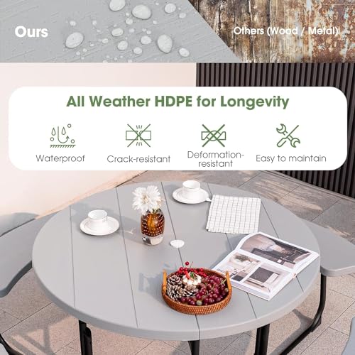 Round Picnic Table for Outdoors, 8 Person Outdoor Picnic Tables & Benches Set with Umbrella Hole, HDPE Tabletop & Metal Frame, 2000 LBS Capacity Table Bench Set for BBQ, Garden, Lawn, Patio - color: Grey