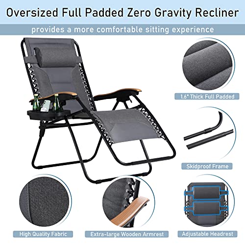 PHI VILLA XXL Oversized Padded Zero Gravity Chair Set of 2, Foldable Patio Recliner, 30" Wide Seat Anti Gravity Lounger with Armrest and Cup Holder, Support 400 LBS (Light Gray) - color: Light Gray, style: 2 Pcs