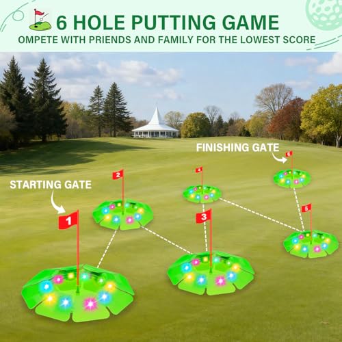 TERRAMUS Light Up Golf Play Set - Upgraded Kids Toy Golf Putting Game Set with 6 LED Targets, 2 Clubs, 6 Balls (2 Glow), Night Golf Toys Gifts for Kids Golfers Family Indoor Outdoor Beach Lawn Park - color: Green