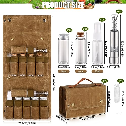 TOBWOLF Camping Spice Kit with 9 Jars, 2 Salt/Pepper Grinders, Portable Spice Bag, Foldable Canvas Seasoning Storage Bag Organizer, Mini Condiment Container Set for Outdoor Camping Picnic BBQ - Khaki - color: Khaki