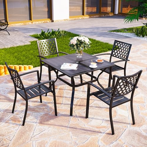 PHI VILLA 5 Pieces Outdoor Dining Set for 4, 37" Black Square Wrought Iron Table with Mesh Top & Stackable Metal Steel Chairs, Outside Furniture Set for Patio, Deck, Backyard, Porch - color: Net Back Chair, size: 5PCS-37" Mesh Top Table